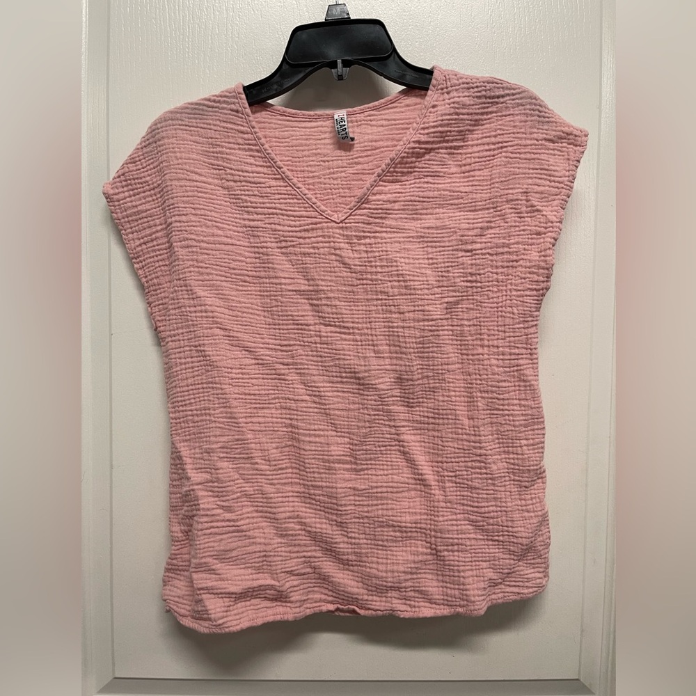 Pink V-Neck Linen Textured Women's Lounge Shirt & Shorts Set- Size S